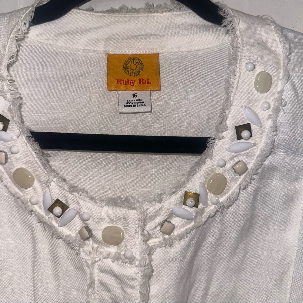 Ruby Rd. Embellished Linen Blend Jacket Women’s 16 White Beige Boho Chic Casual - Picture 4 of 7